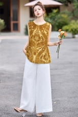 高级感丝绒提花无袖背心衬衫女2025夏新款设计感后背开叉衬衣上衣，女装套装/套裙，沁沁公主