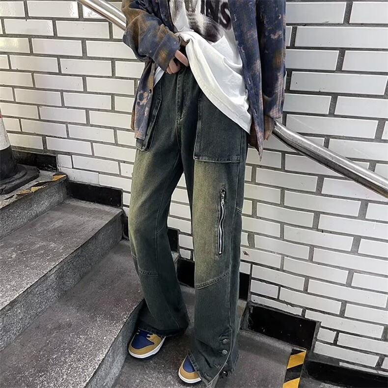 美式高街牛仔裤男韩版潮口袋裤脚开衩2024秋冬ins长裤RK1172-P51,男装牛仔裤,星座412-2