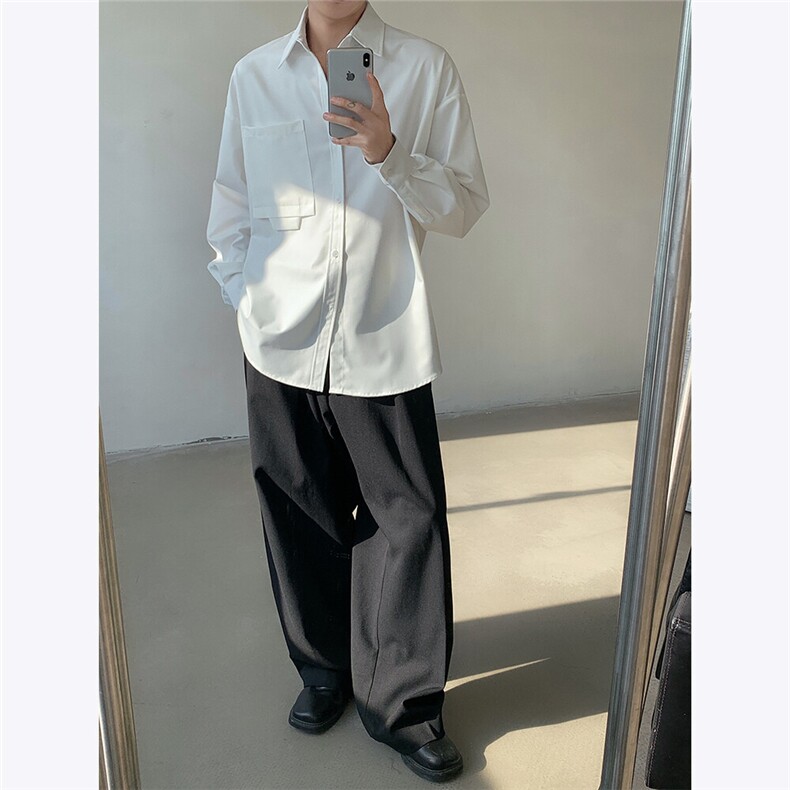 老钱风春秋痞帅长袖衬衫纯色百搭设计感衬衣宽松休闲防皱外套P38,男装衬衫,电商C306-1