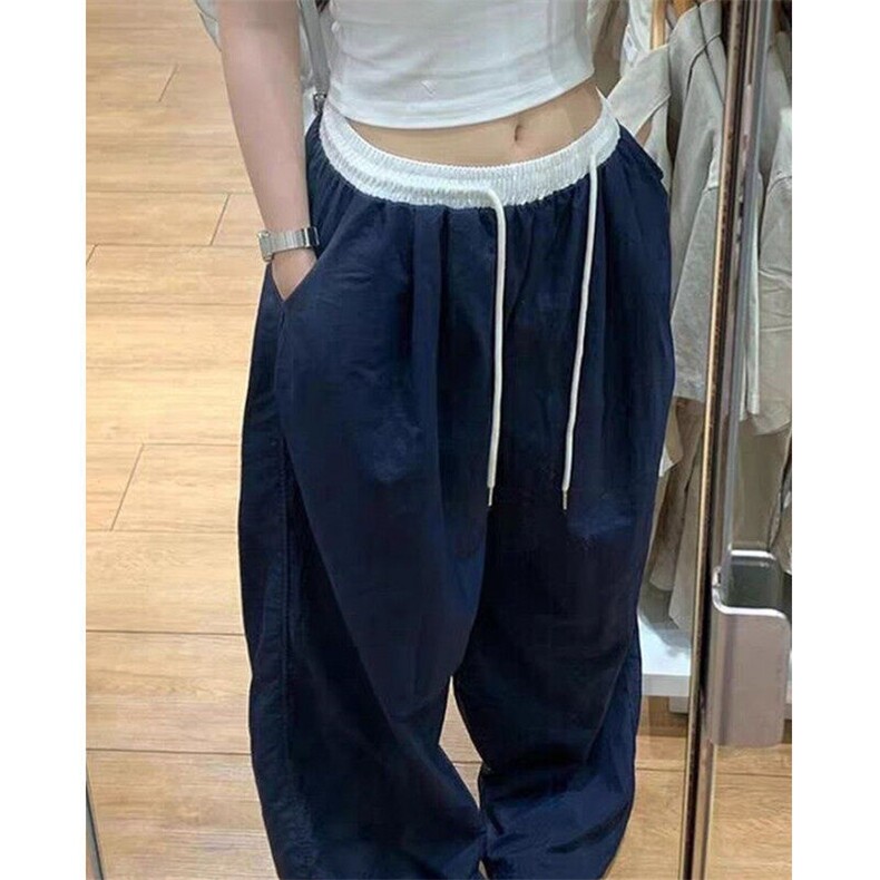 拼接撞色速干休闲裤女夏松弛感高腰宽松垂感拖地阔腿裤子 KW118图片