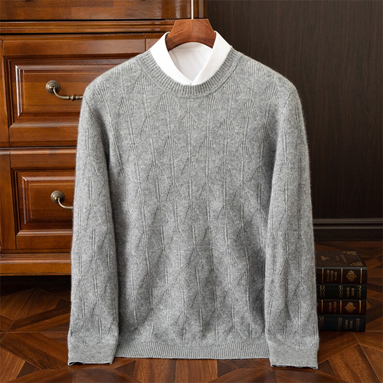 男款秋冬衫全身席编圆领35%男装，男装羊绒套衫，飞邦羊绒