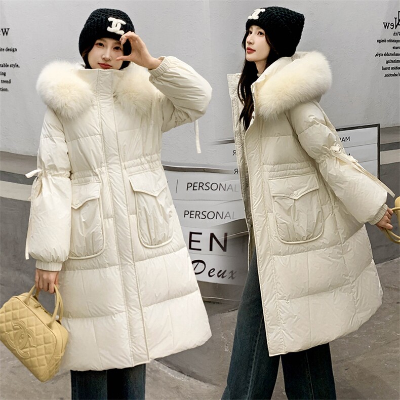 现货现货！冬装2024气质加厚保暖白鸭绒超大狐狸毛领长款羽绒服女，女装羽绒服，时尚风爆