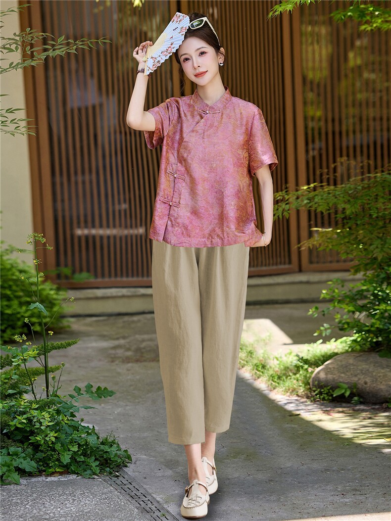 长期有货2026夏装新款时尚两件套装女提花新中式衬衫T小脚腿裤女,女装套装/套裙,璐依舞
