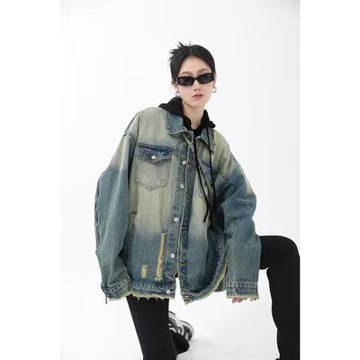 水洗做旧破洞牛仔外套女美式设计小众渐变高街牛仔服夹克图片