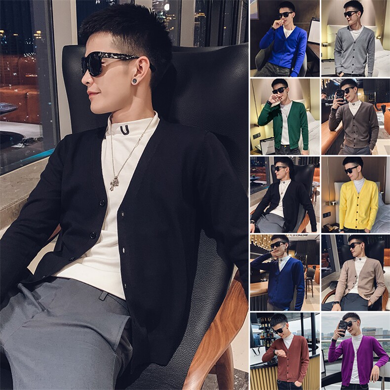 黑色2024春装社会小伙纯色修身开衫毛衣针织衫男M023-P55控价78，男装针织衫/毛衣，电商A108