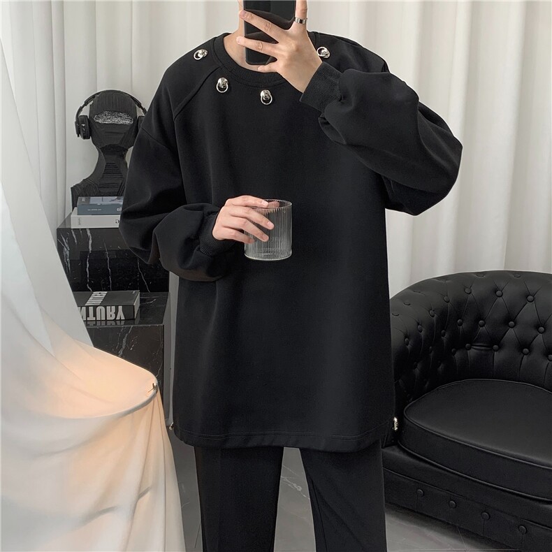 复古oversize垫肩酒红色圆领卫衣男女铆钉设计感小众内搭长袖外套图片