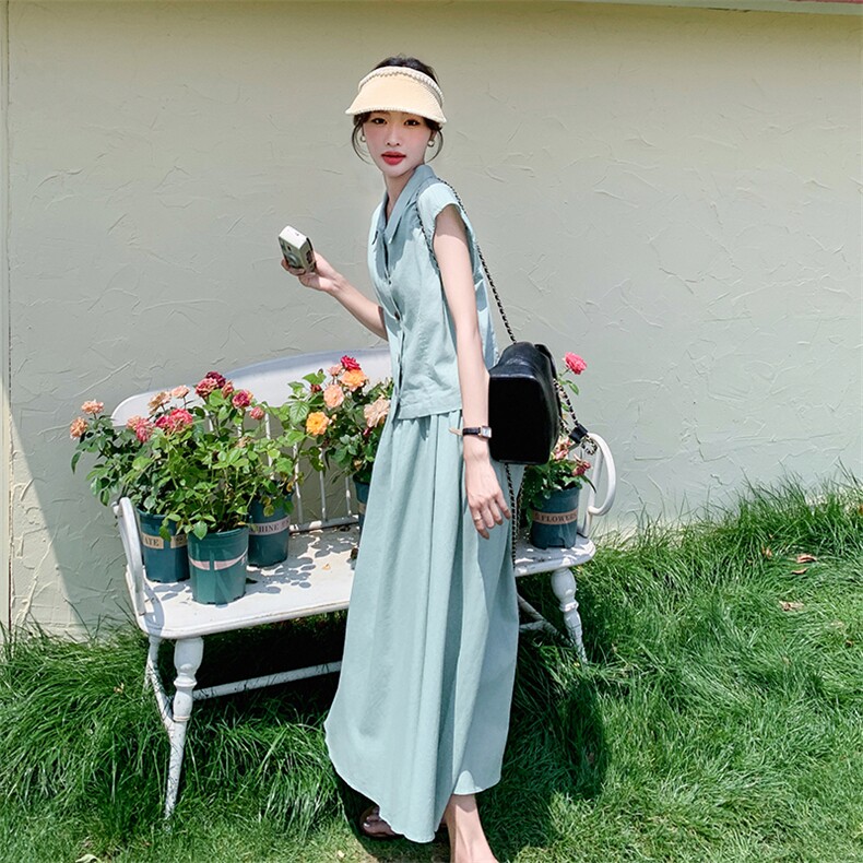 法式复古气质牛仔马甲上衣套装女2025夏季新款显瘦半身长裙两件套,女装套装/套裙,2C095