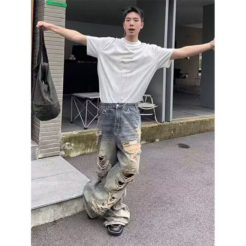 美式复古法工蓝弯刀工装裤潮cleanfit直筒微喇牛仔裤N695,男装牛仔裤,星座1116A（原606A-3）