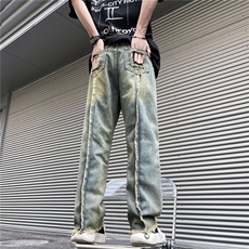 美式高街水洗复古泥黄牛仔裤男毛边拼接设计1001-1-CN161-P45，男装牛仔裤，星座1001-1
