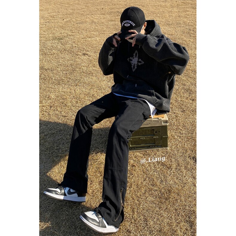 高街牛仔裤黑白色拉链款微喇叭裤715-6-BX08P65（控88），男装牛仔裤，星座715-6