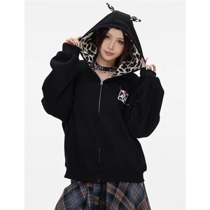 1506A/GLH880/P54美式复古小恶魔豹纹连帽拉链卫衣图片