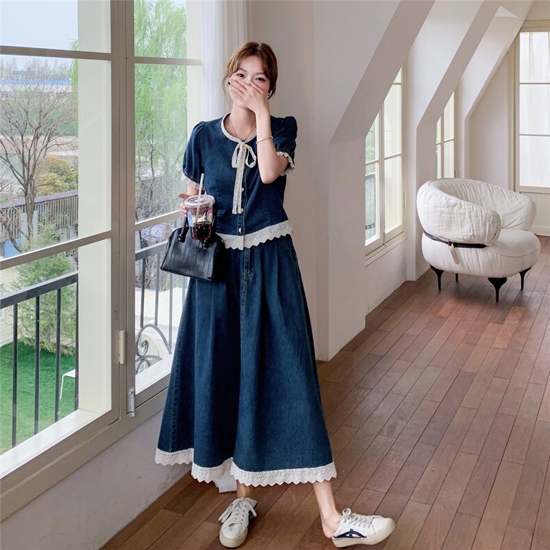 牛仔套装裙女2025夏季新款洋气减龄显瘦蕾丝拼接短袖上衣半身裙潮,女装套装/套裙,2D044