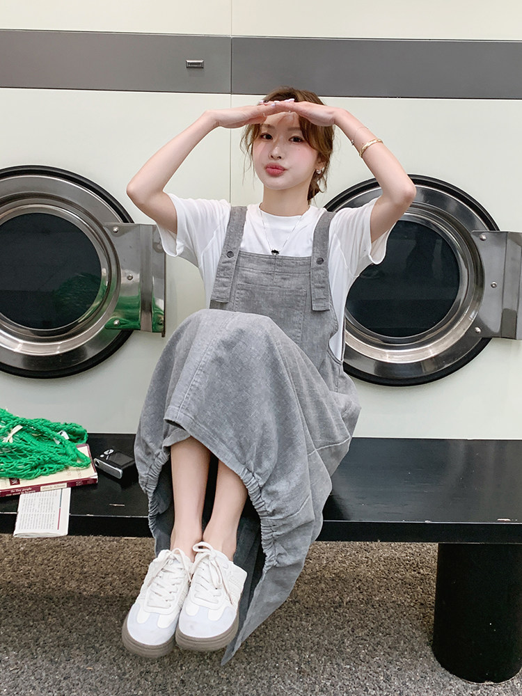 灰色工装背带裙套装女2025夏季新款韩系慵懒风宽松显瘦休闲连衣裙,女装连衣裙,浙宝276（原081）