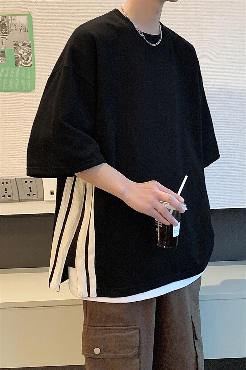 撞色条纹开叉短袖t恤男夏季2025新款设计感小众宽松休闲半袖衣服,男装T恤,电商A102B