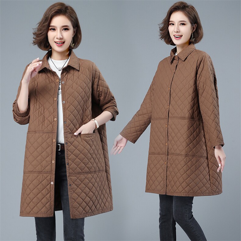2021秋冬时尚百搭新款格纹棉服纯色简约衬衫式棉衣中长款女，女装棉衣/棉服，小林双子