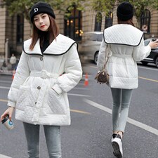2021新款羽绒服女轻薄中长款菱形格翻领韩版宽松时尚白鸭绒外套，女装羽绒服，曼娅璐