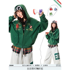 YOUNGSTAGE美式复古字母刺绣连帽卫衣女秋宽松百搭做旧帽衫上衣，男装卫衣，星座1210-1