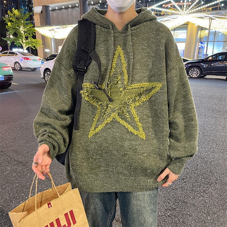 港风秋款男连帽毛衣针织衫五角星毛巾绣休闲外套M326 P60图片