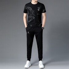 BJ9226夏季男式短袖长裤透气两件套运动休闲圆领修身t恤套装P143，男装休闲套装，电商B360