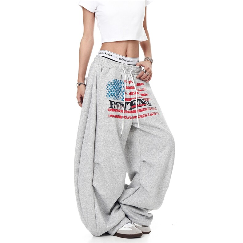 美式复古旗帜印花褶皱弯刀卫裤男女街舞运动宽松阔腿裤MK3087P53，男装休闲裤，星座1013-5