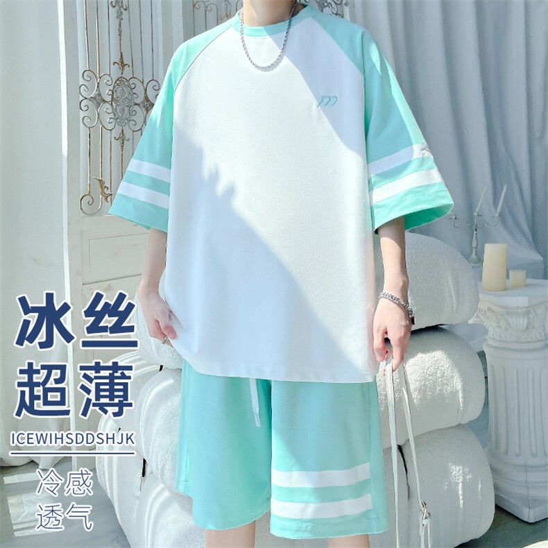 2024夏季新款旋律风车大码冰丝速干短袖套装M-5XHQ24602-P70,男装休闲套装,电商A022