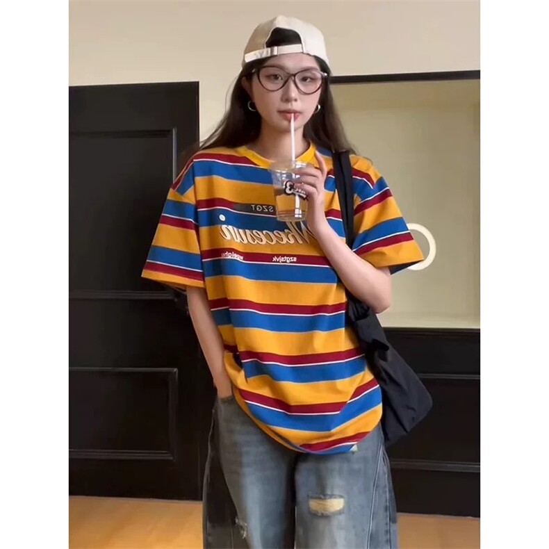 网图有货美式复古彩虹条纹短袖T恤男女宽松慵懒休闲上衣A653-P40,男装T恤,星座1505