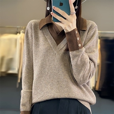 2024秋季新款洋气毛衣女打底衫假两件针织衫时尚百搭显瘦翻领上衣，女装针织衫/毛衣，佳绒包芯纱店