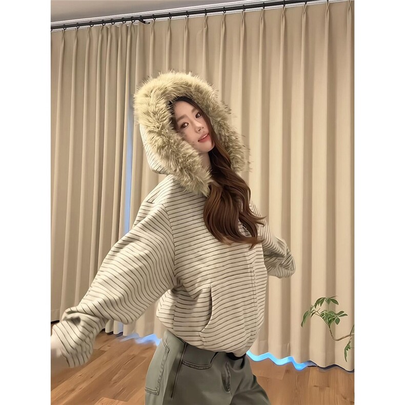TK721-P87 美式潮牌条纹毛领开衫卫衣女秋冬季2025新款加绒加厚图片