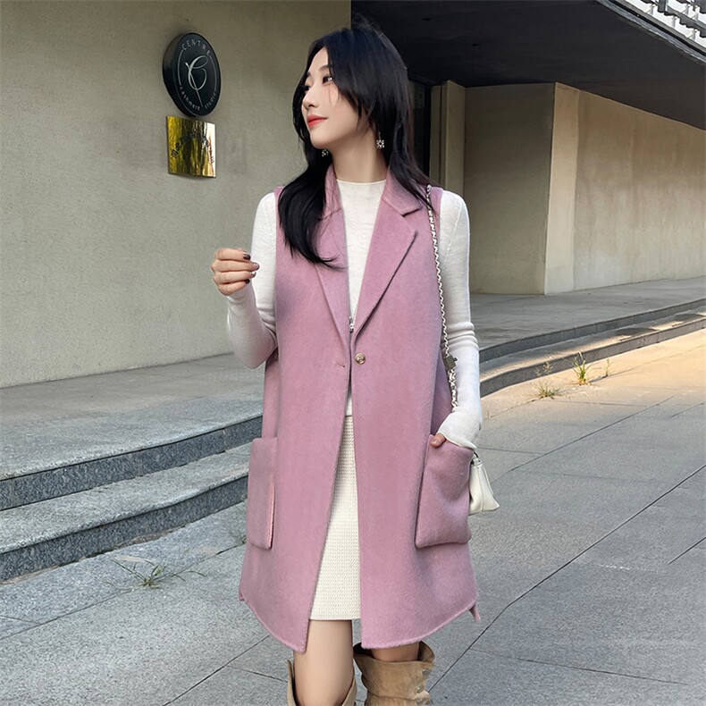 2025年秋季新款百搭女士带兜POLO领一粒扣中长款无袖大衣，女装双面呢大衣，召鑫羊绒双面呢