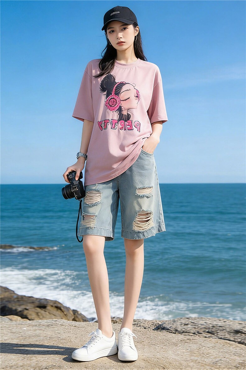 盐系穿搭休闲时尚套装女夏设计感圆领印花短袖破洞牛仔短裤两件套,女装套装/套裙,江南