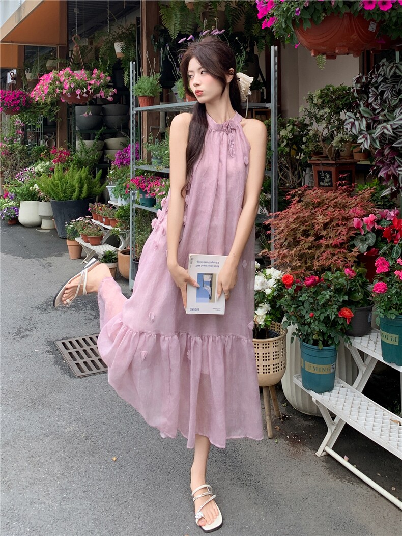 现货.现货新款法式度假风挂脖连衣裙2246-P160-K245,女装连衣裙,网红馆