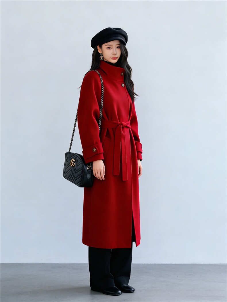 红色羽绒内胆毛呢外套女长款2025冬季新款时尚加厚赫本风呢子大衣,女装毛呢外套,纪茹
