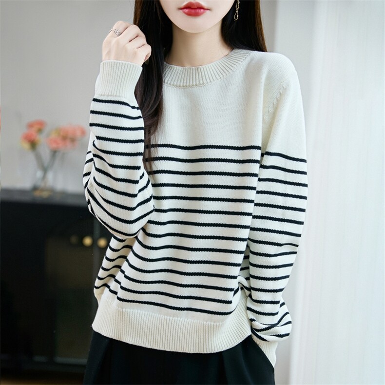 2025年秋季新款百搭女士条纹拼色长袖圆领针织衫，女装针织衫/毛衣，丹芙娇羊绒