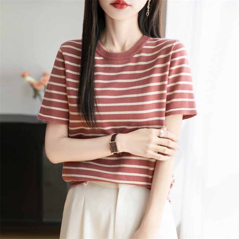 条纹圆领纯棉针织短袖T恤女2025夏宽松背心半袖百搭小衫打底上衣图片