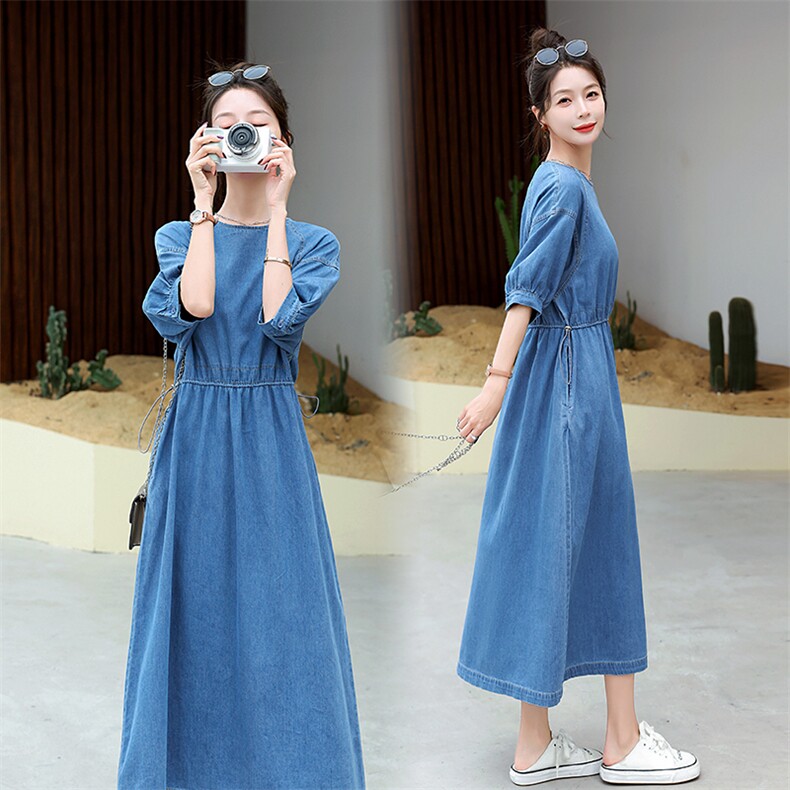 海军领披肩牛仔连衣裙女夏季薄款2025新款抽绳宽松显瘦休闲长裙子，女装连衣裙，星期衣