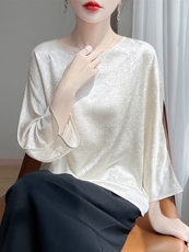 圆领新款针织女长袖纯色简约百搭宽松套头上衣，女装针织衫/毛衣，绒宛羊绒