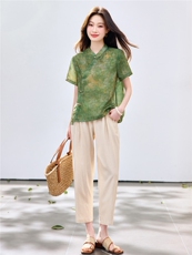 长期现货2026夏装新款时尚两件套装女提花新中式衬衫T小脚腿裤女，女装套装/套裙，璐依舞