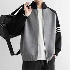 重磅秋冬北极绒开衫毛衣美式复古休闲慵懒风撞色立领针织衫外套，男装针织衫/毛衣，电商A486-1