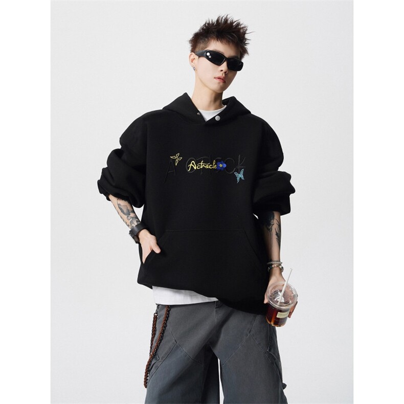 花卉刺绣连帽卫衣潮牌美式复古宽松重磅情侣帽衫513常规42加绒47，男装卫衣，星座513A