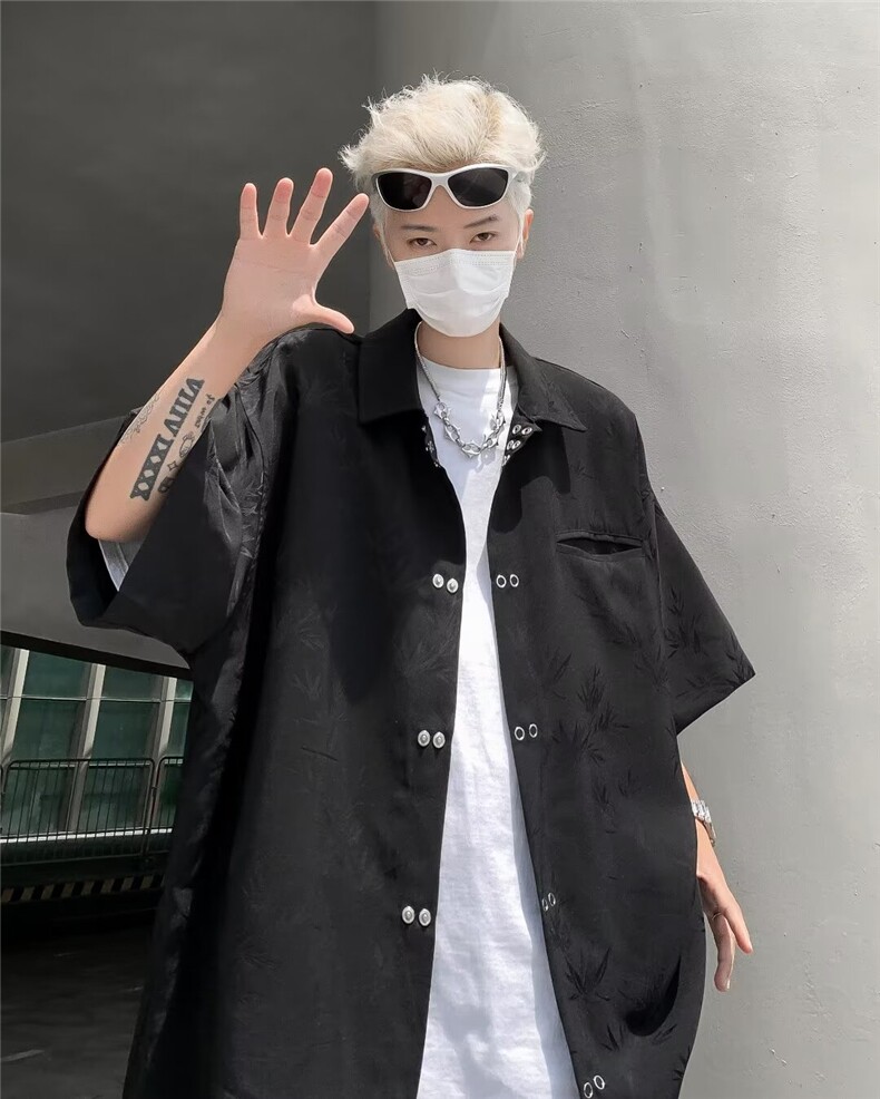 提花短袖衬衫男垂感休闲设计感小众痞帅衬衣 C4549图片