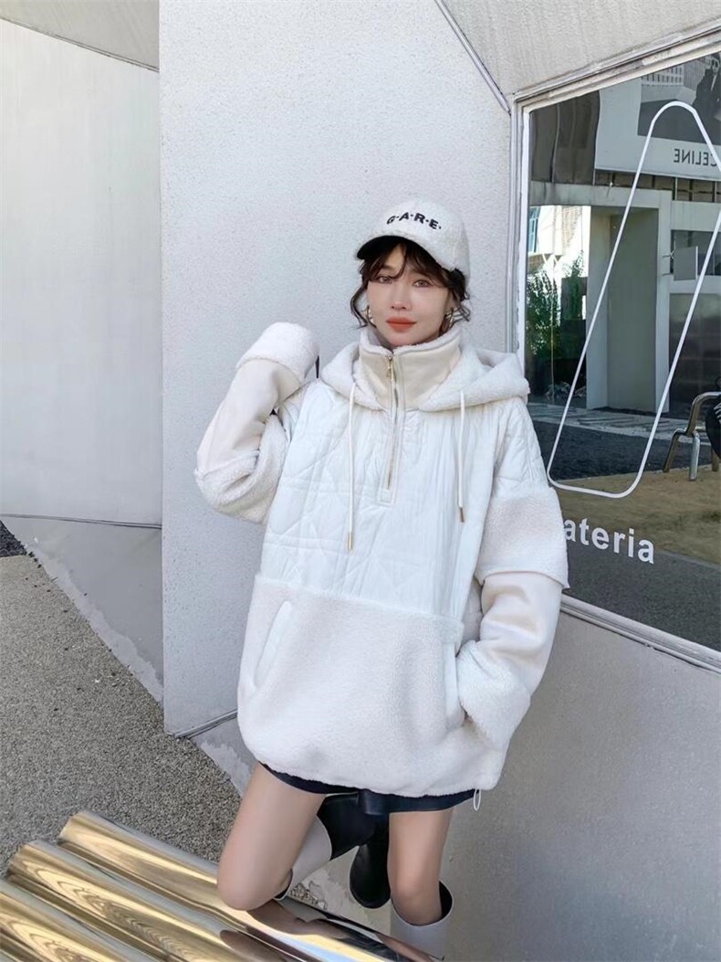 现货羊羔毛拼接卫衣，女装卫衣/绒衫，爱美欧