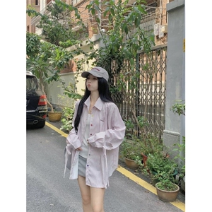 TC600-P45高街hiphop抽绳长袖衬衫女宽松法式设计感百搭上衣潮图片