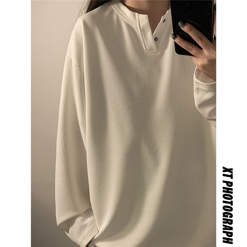 中性！秋装新款亨利领T恤美式宽松华夫格卫衣情侣外套女106-P28,女装T恤,电商C213(原B265)