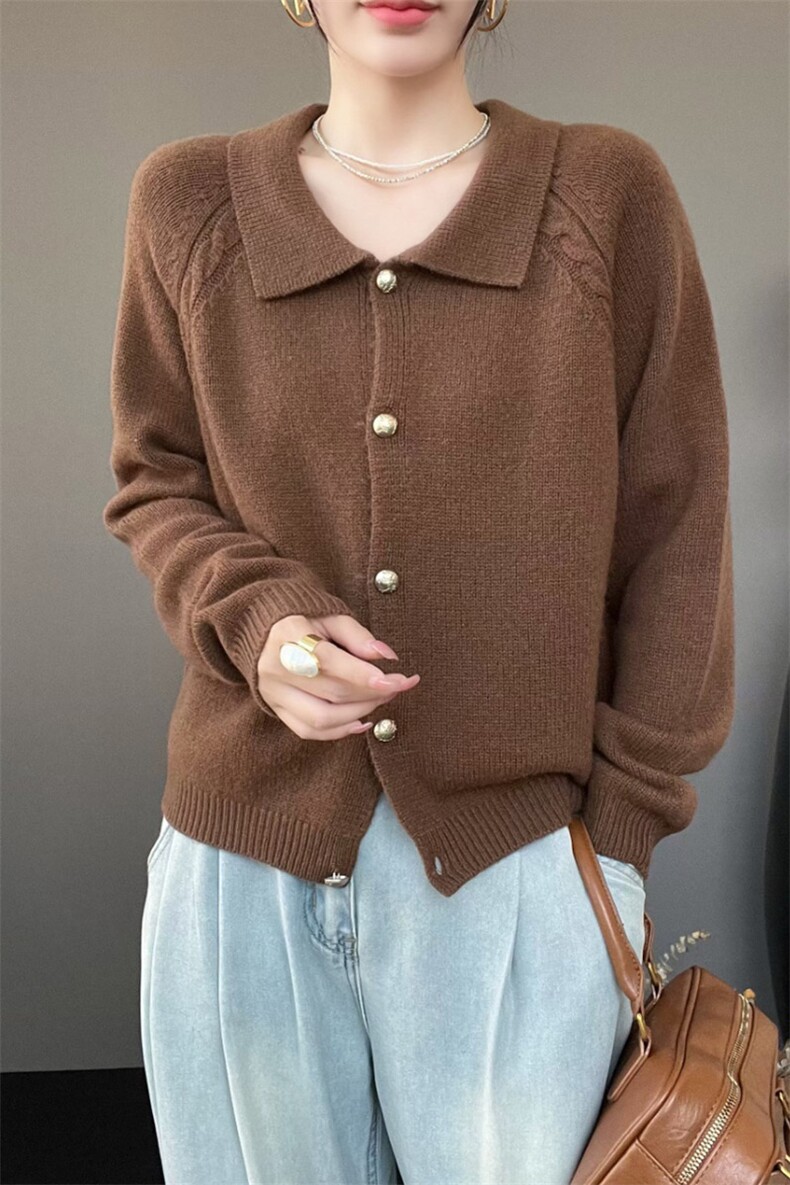 100%纯羊毛开衫女士POLO领提花珍珠扣毛衣外套宽松羊绒衫加厚上衣,女装羊毛衫,秋虹羊绒
