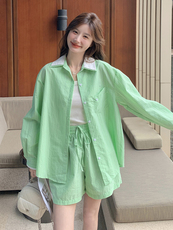 条纹拼接衬衫短裤套装女春秋2025新款多巴胺色流行超火两件套减龄，女装套装/套裙，蝶眷