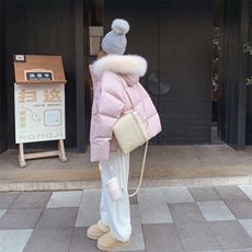 狐狸毛领粉色连帽短款羽绒服女冬季超火好看高级小众加厚保暖外套，女装羽绒服，2C016