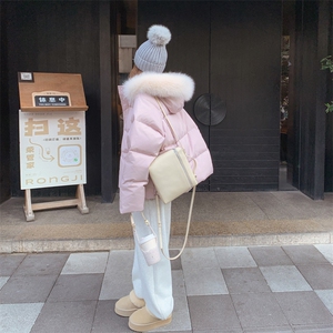 狐狸毛领粉色连帽短款羽绒服女冬季超火好看高级小众加厚保暖外套图片