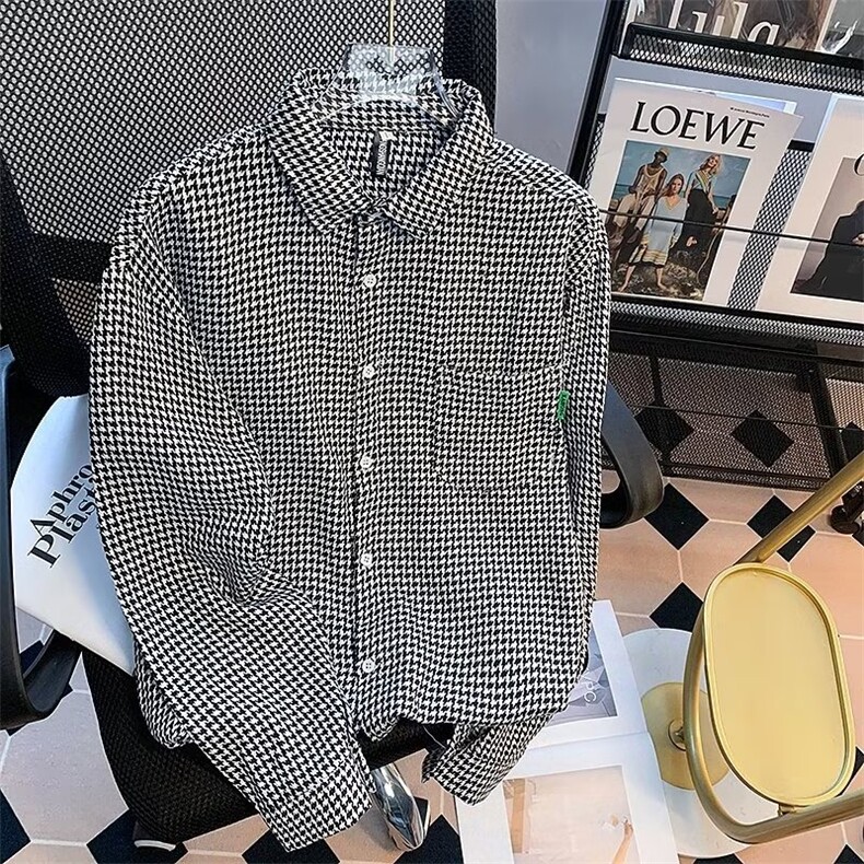 千鸟格衬衫男休闲痞帅2026新款春秋季衣服褂小香风衫2227/P35,男装衬衫,星座506B