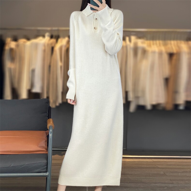 polo领毛衣女翻领纯色长袖秋冬季内搭宽松外穿慵懒风中长款羊毛裙，女装连衣裙，东远绒业
