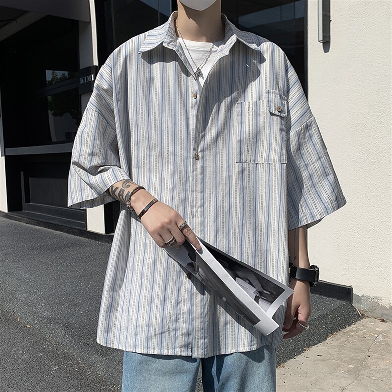 日系条纹衬衫短袖男夏季高级设计感外套潮牌痞帅港风衬衣CS07-P35,男装衬衫,星座308B-1